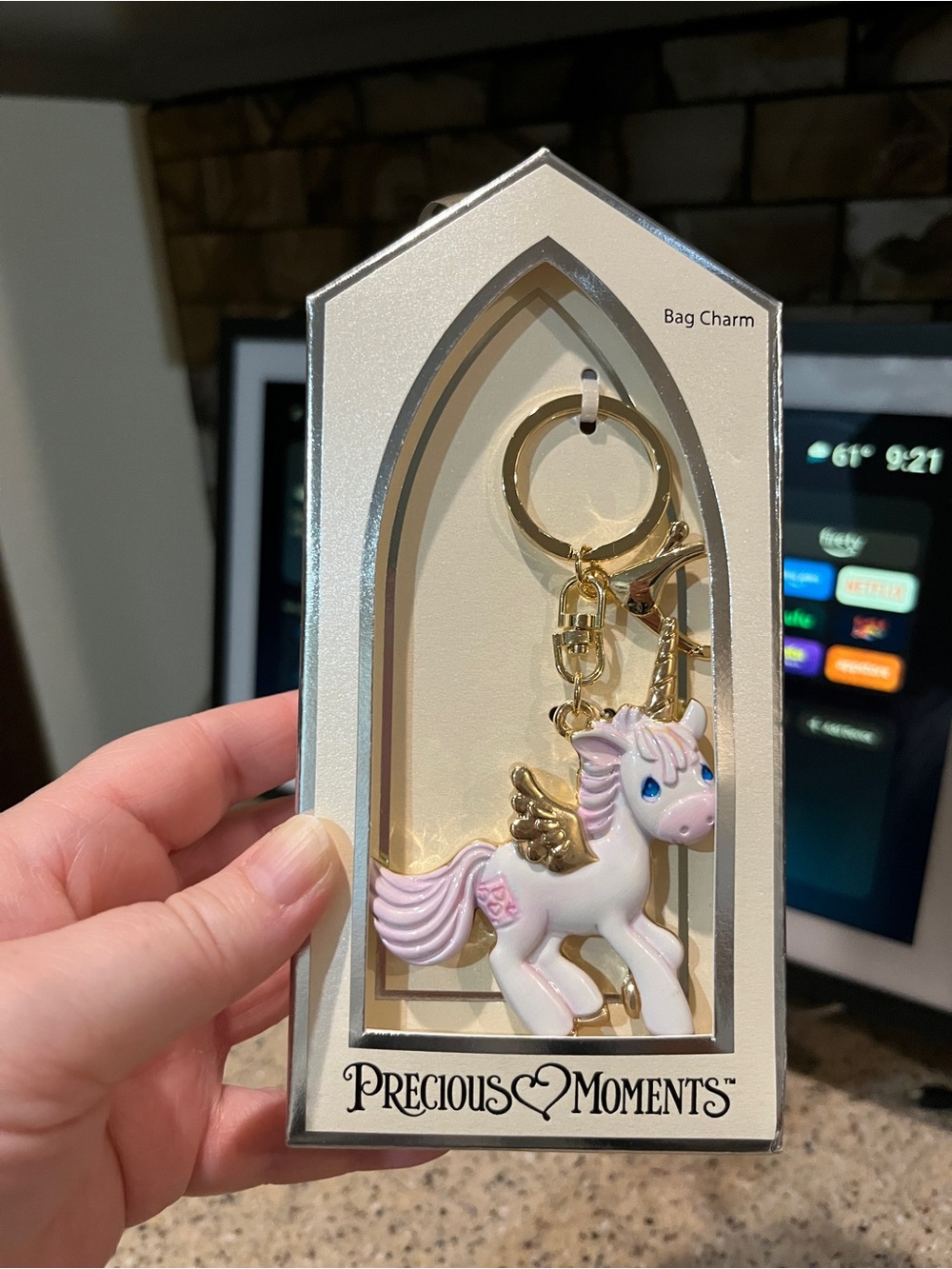 Precious Moments White & Light Pink Unicorn Keychain with Gold Wings